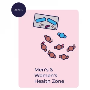 An illustrated example of a men's and women's health zone at a wellbeing roadshow