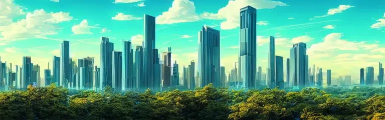 A depiction of a futuristic city skyline, representing the future of workplace wellbeing.