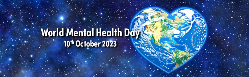 Blog banner for Activities for World Mental Health Day featuring an illustration of the earth in a heart shape set against a space background, with the text World Mental Health Day 10th October 2023.