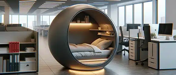 An AI generated image of a nap pod in a workplace, illustrating the importance of sleep to workplace wellbeing