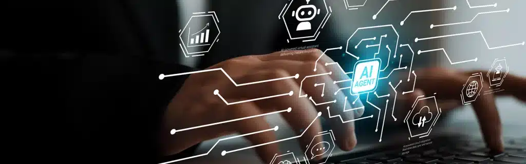 A person's hands typing on a keyboard with a futuristic diagram overlayed