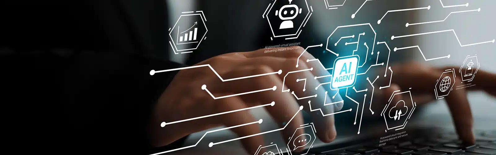 A person's hands typing on a keyboard with a futuristic diagram overlayed