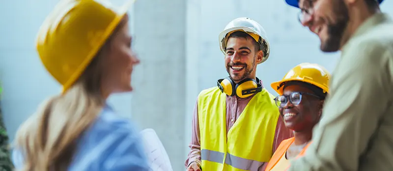 Construction staff discussing wellbeing on-site