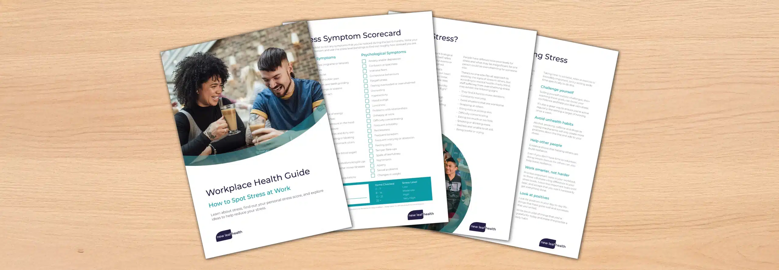 The New Leaf Health Stress Symptoms Tracker displayed on a desk