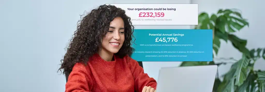 A woman sitting at a laptop using the New Leaf Health Wellbeing ROI calculator. Behind her, figures are display for costs of wellbeing related issues, as well as the potential savings by implementing wellbeing strategies.