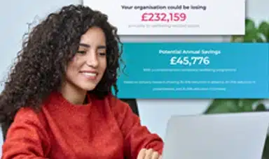 A woman sat at a laptop with wellbeing ROI stats behind her