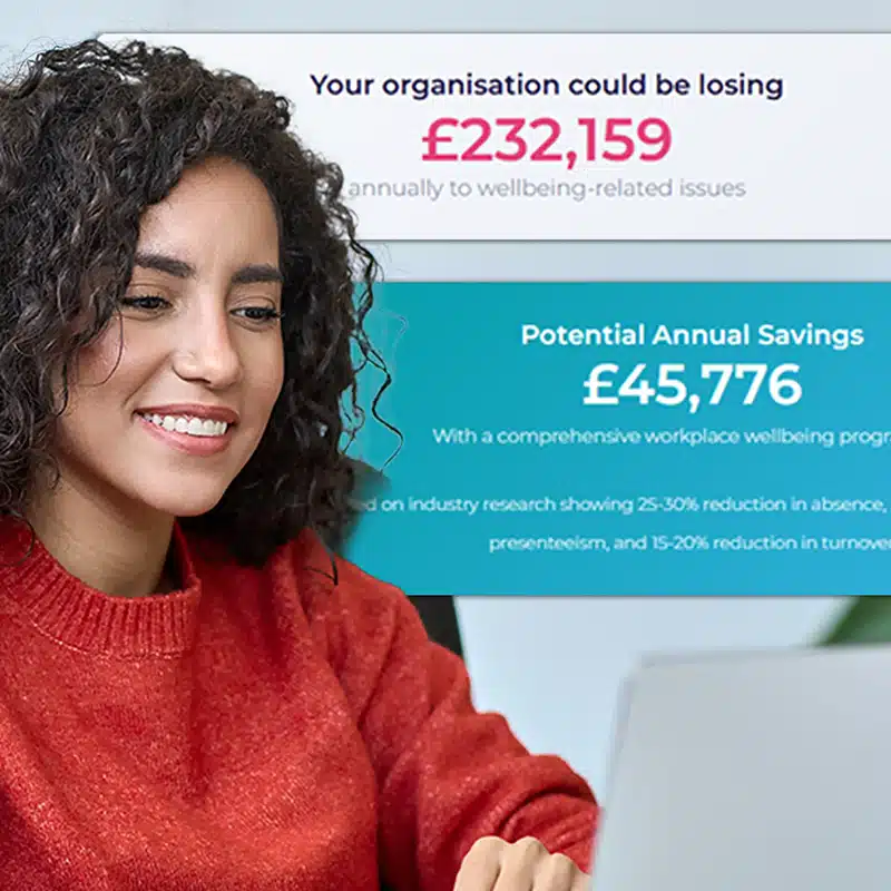 A woman using a laptop with wellbeing budget figures superimposed on the background from the Wellbeing ROI Calculator