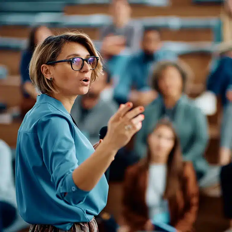 A Workplace Wellbeing Leadership Course trainer hosting a lecture
