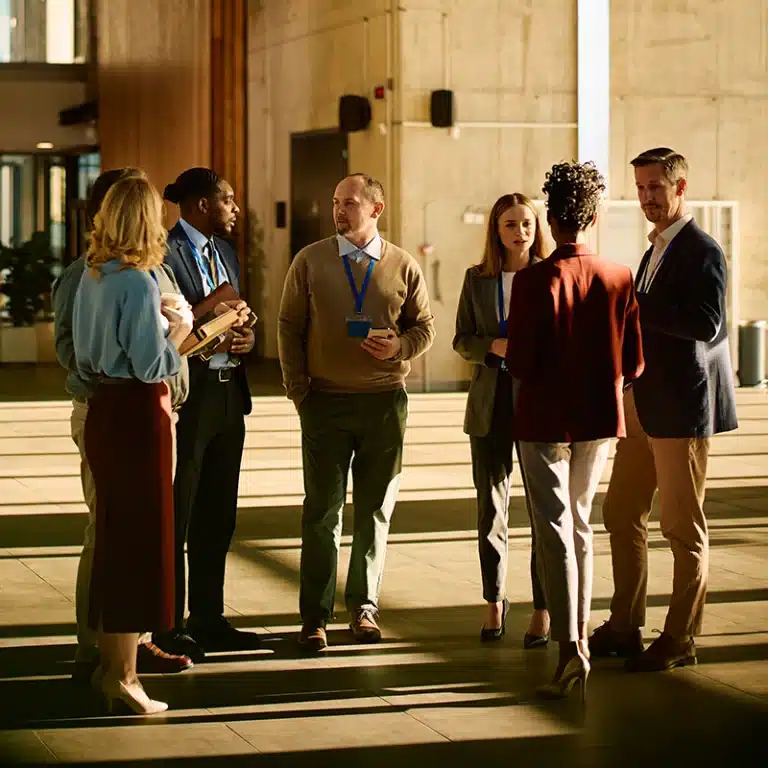 A group of employees standing and talking to one another discussing wellbeing initiatives