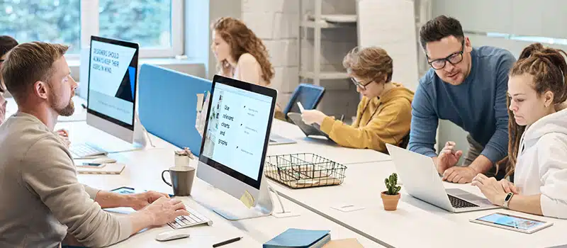 A group of employees sitting at desks and working productively in a bright airy space, showing how to prevent burnout at work.